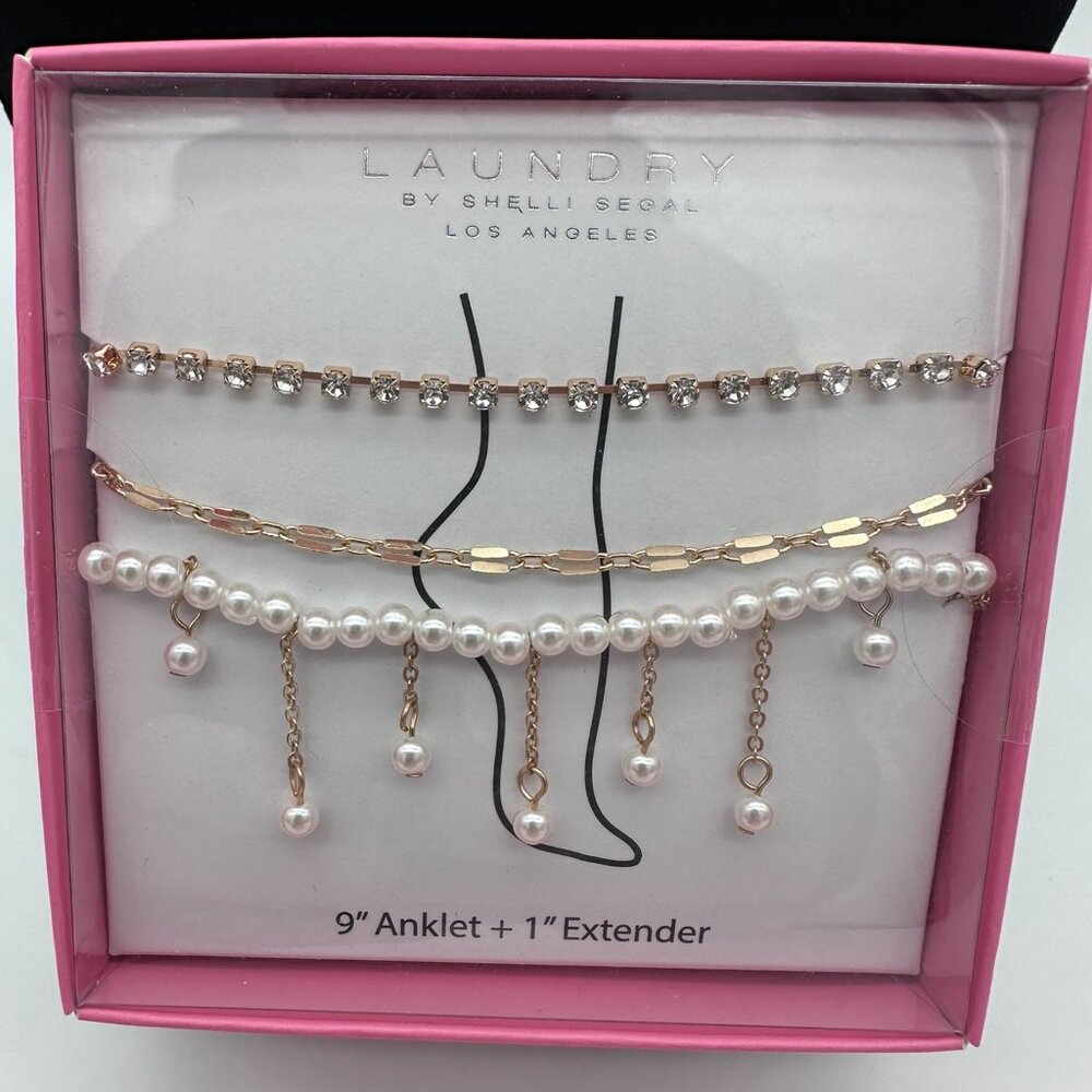 Laundry by‎ Shelli Segal 9" Gold Tone Rhinestones Faux Pearls Anklet Set